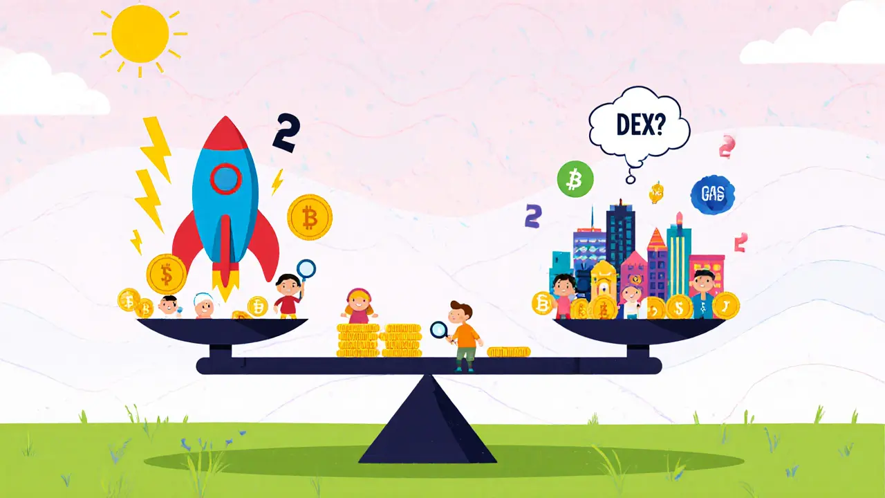 Balançoire illustrant les avantages de Swop.fi vs DEX majeurs, enfant évaluant le choix.