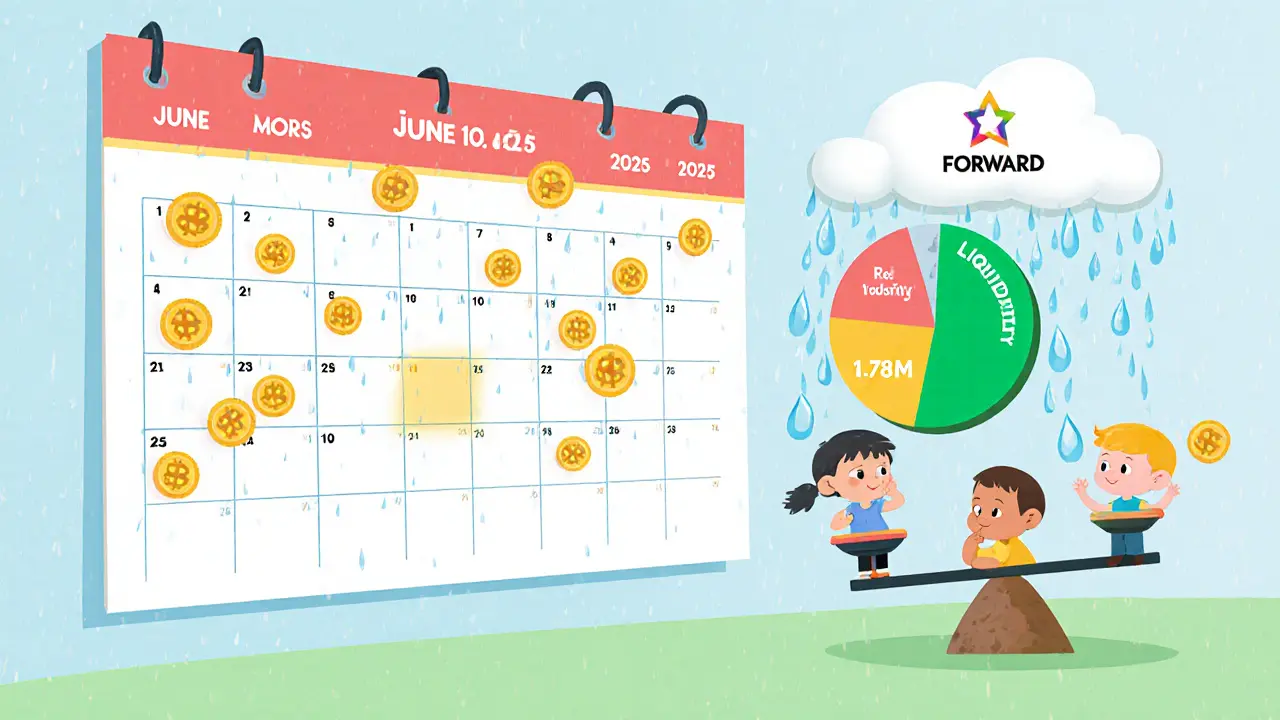 Calendrier montrant le vesting du token avec échelle de volatilité et liquidité.