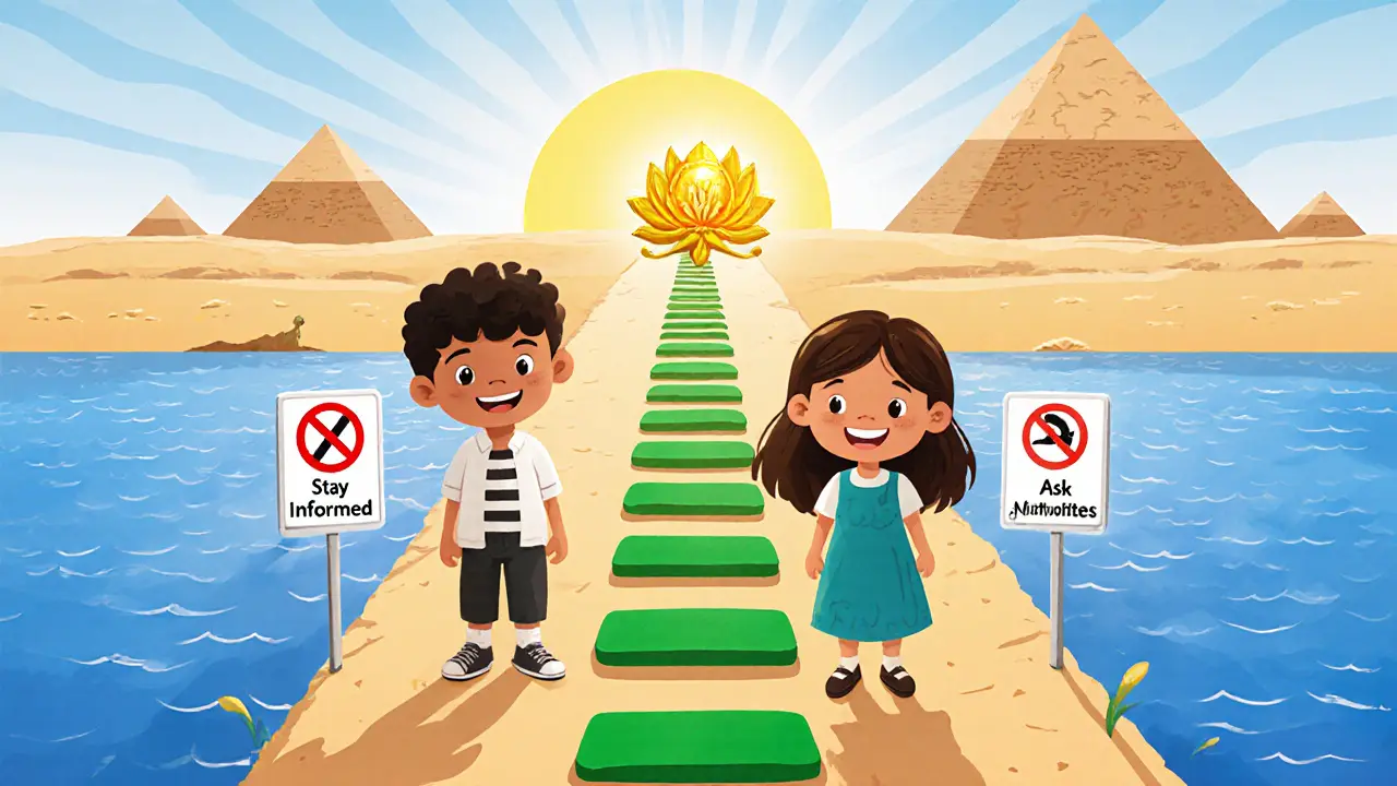 Enfants cartoon sur un chemin vert menant à un badge licence lotus, illustrant la conformité.
