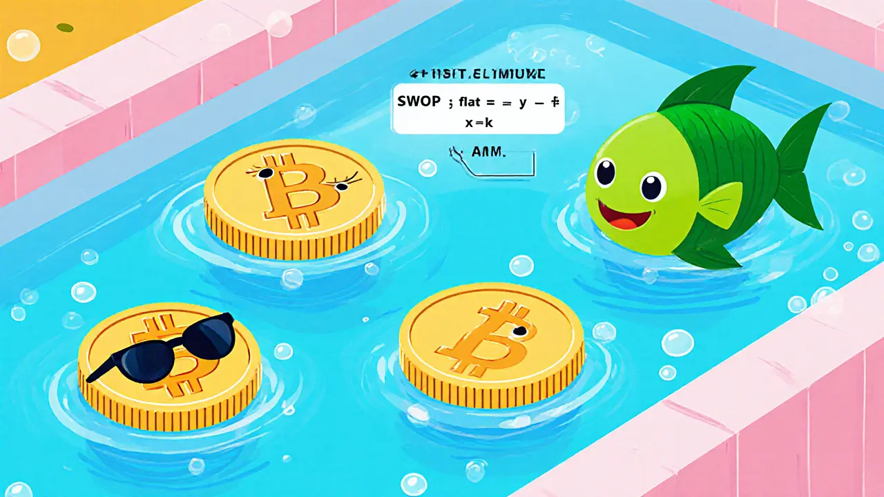 Piscine ludique avec tokens USDT, USDC, SWOP nageant, poissons représentant les formules de prix.