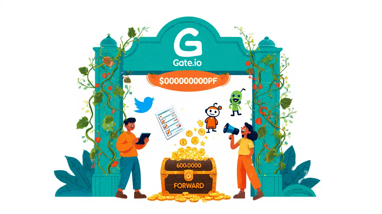 Portail Gate.io animé où deux personnages gagnent des tokens FORWARD.