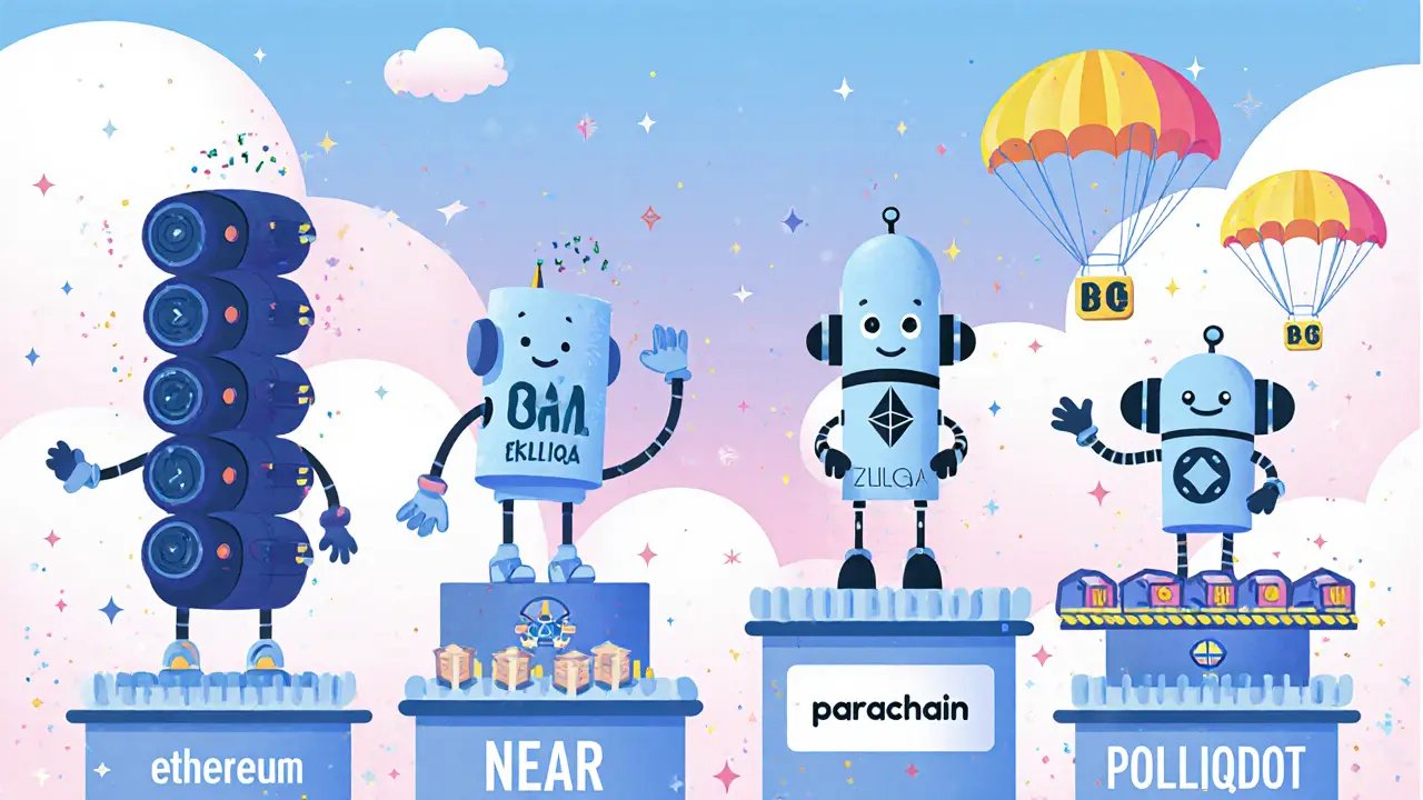 Quatre robots amicaux illustrant les approches de sharding d’Ethereum, NEAR, Zilliqa et Polkadot.