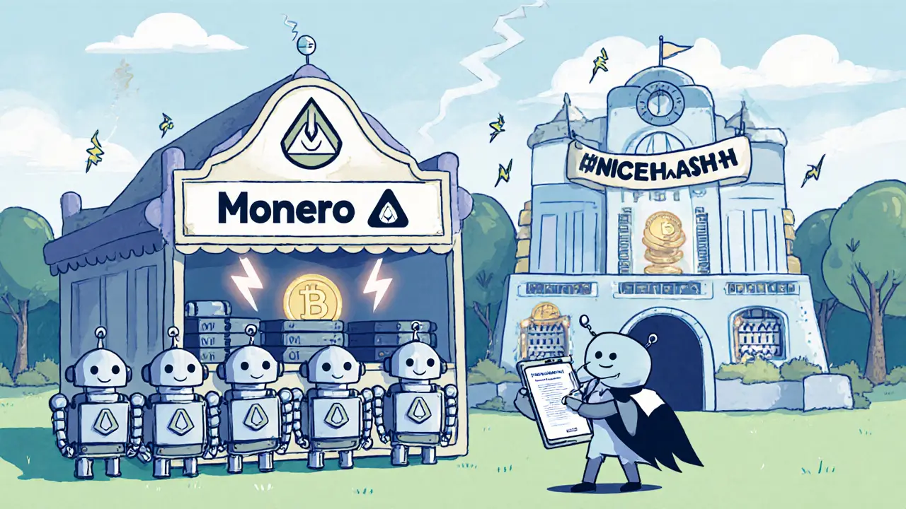 Scène de marché de location de puissance avec des robots CPU, un personnage sournois et un pool Monero dominant.