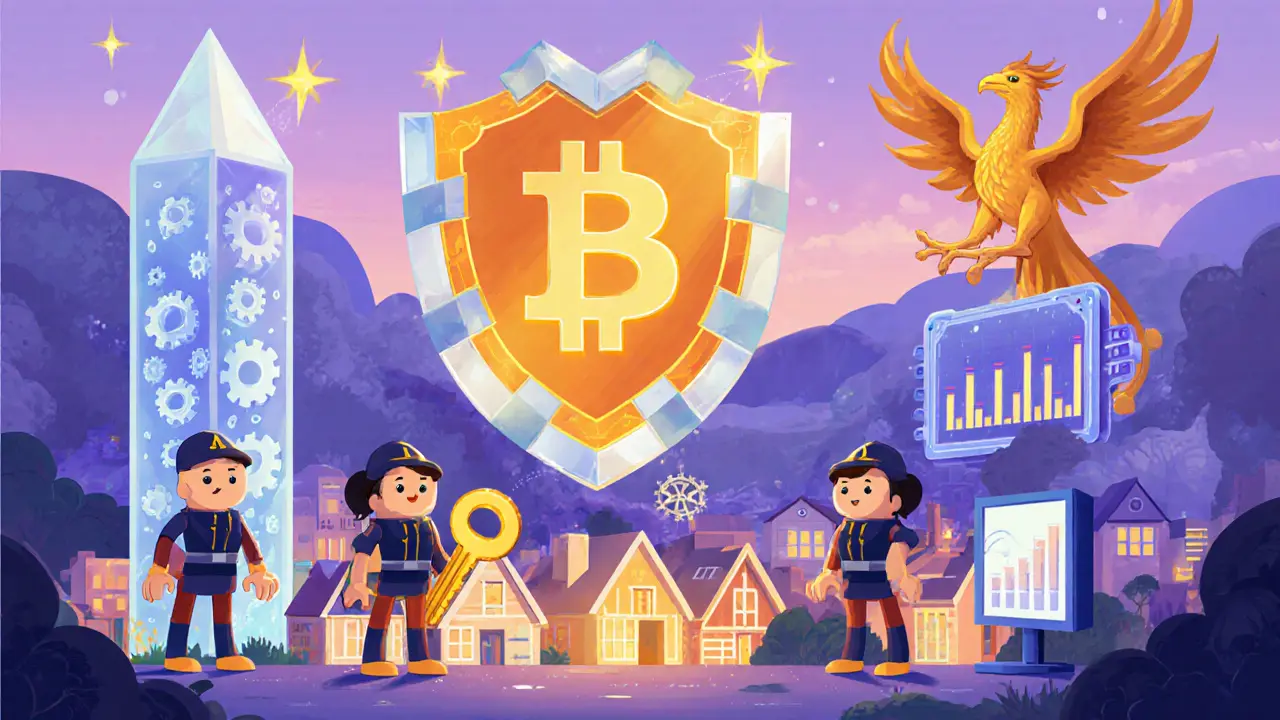 Ville blockchain fortifiée avec bouclier, clés multisignature, tour de checkpoint et phénix hybride PoW/PoS.