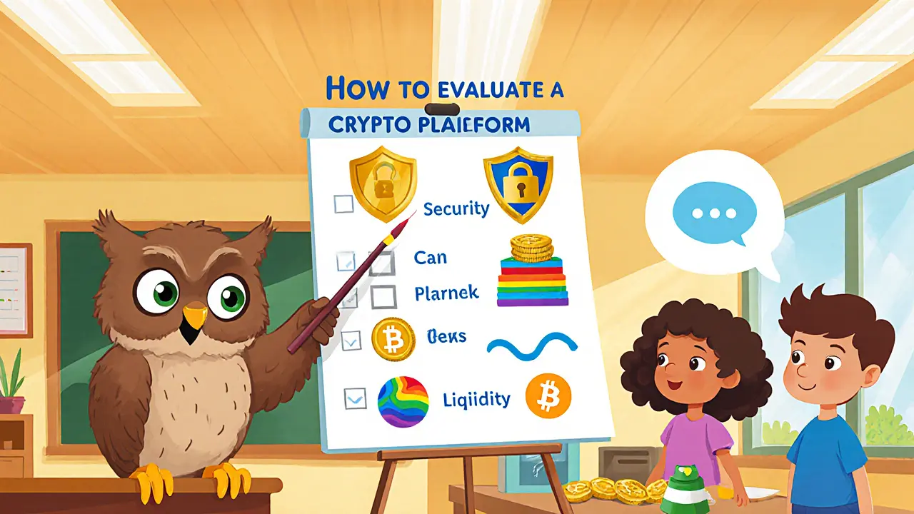 Chouette enseignant montre une checklist d’évaluation des plateformes crypto avec icônes ludiques.