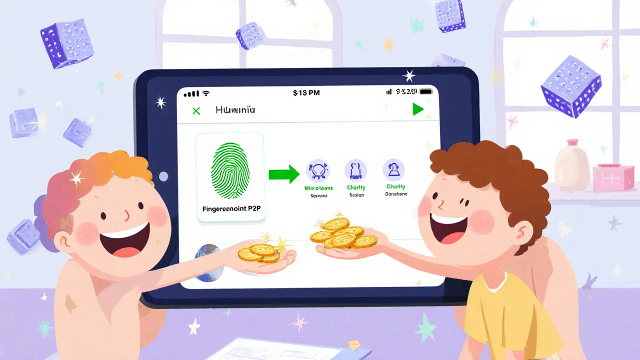 Deux personnages échangeant des pièces via une appli avec scan d'empreinte et icônes de micro‑prêt.