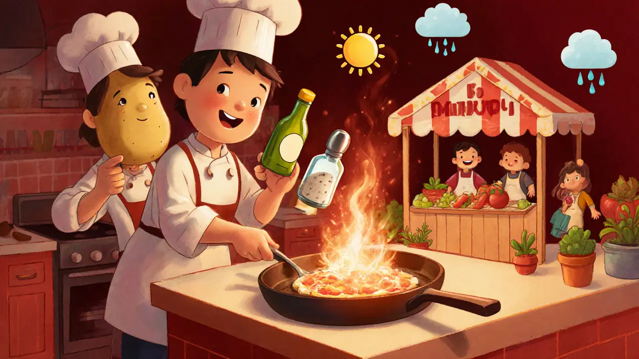 Enfant prépare un plat NFT en cuisine, le vend au marché et joue sous différentes conditions météo.