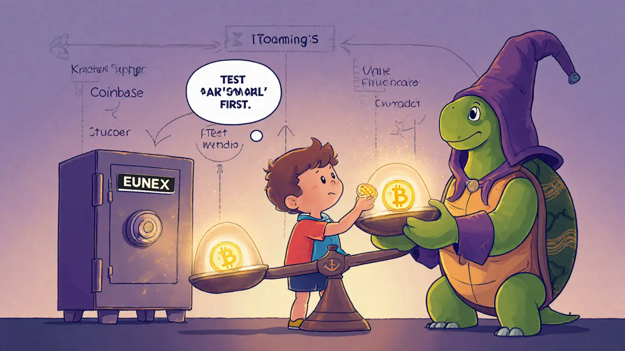 Enfant teste un petit Bitcoin dans un coffre EUNEX, tandis qu’une balance compare sécurité.
