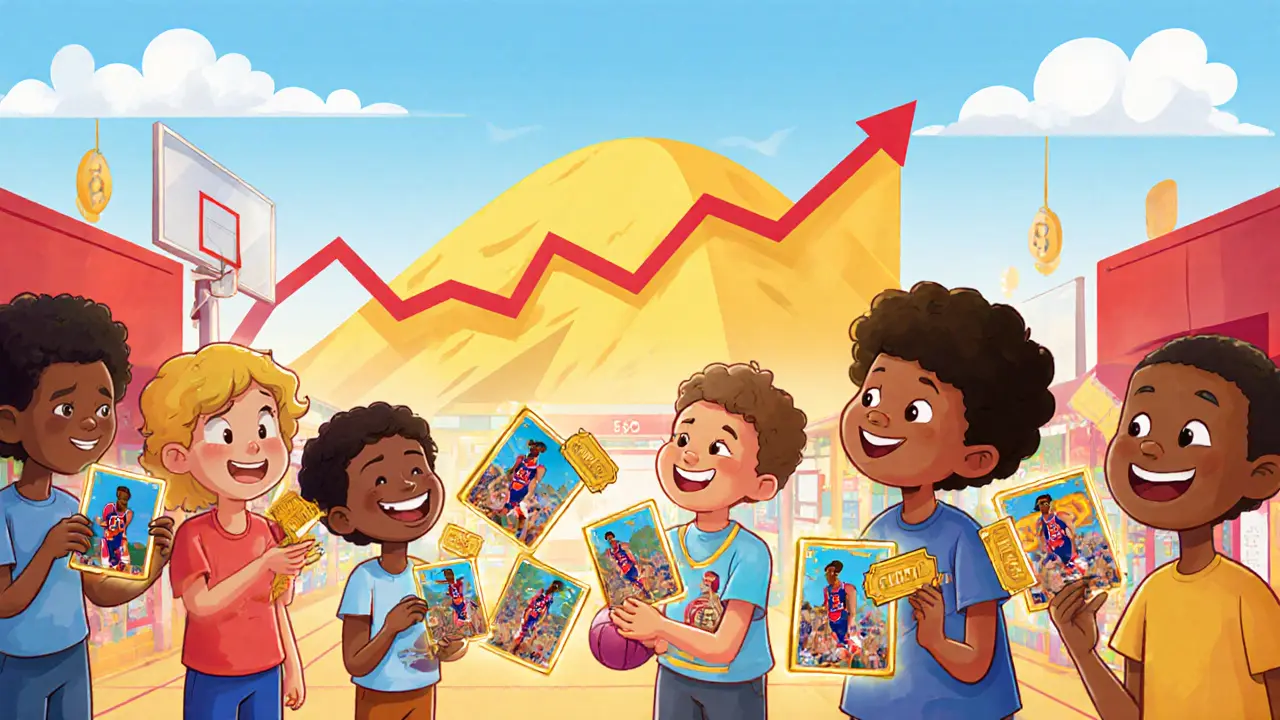 Enfants échangeant des cartes NFT de McGrady, avec tickets d’accès et décor de marché.