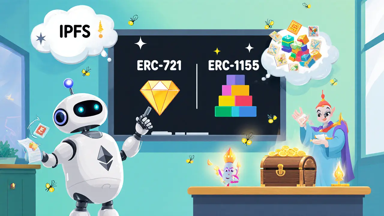 Illustration d'une classe cartoon où un robot enseigne les standards ERC‑721 et ERC‑1155.