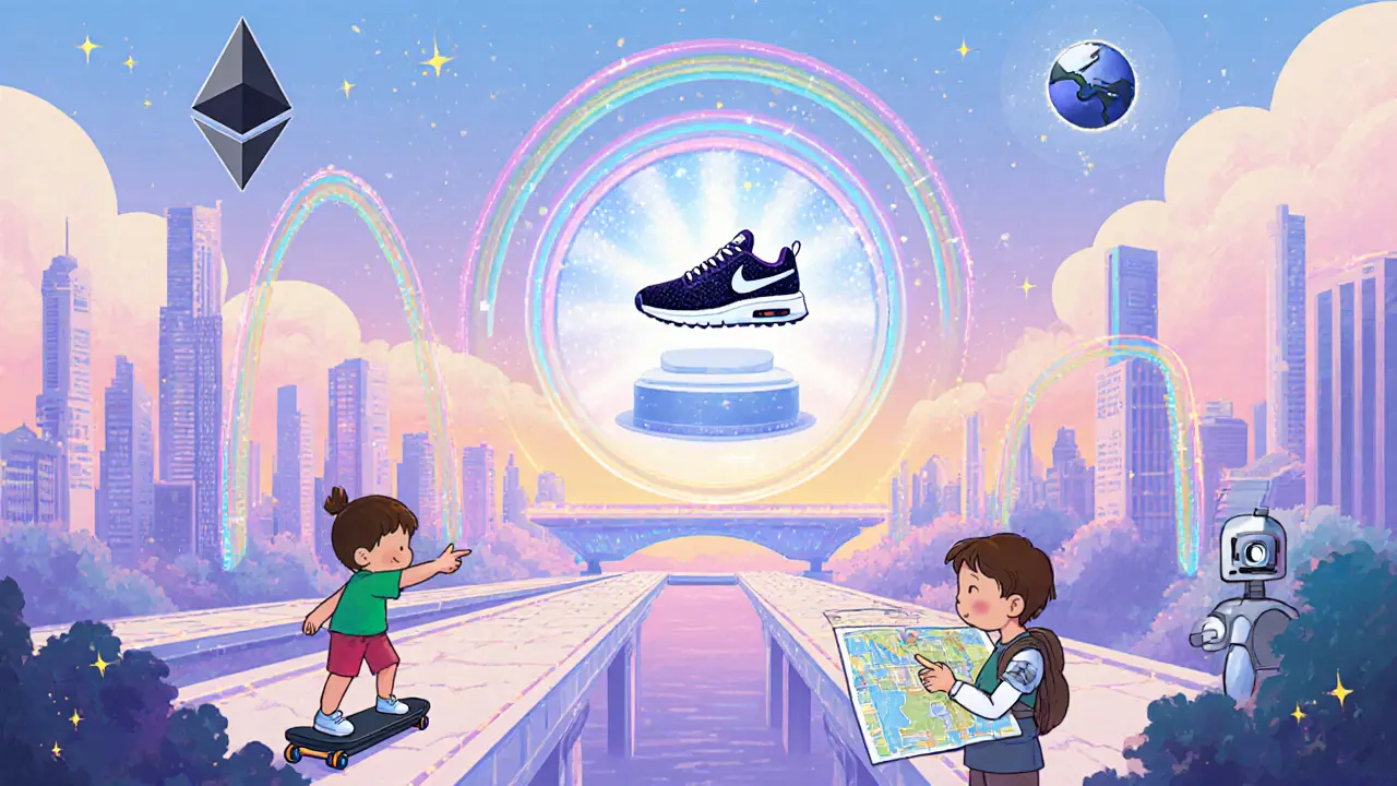 Illustration futuriste d'enfants sur hover‑boards traversant des ponts cross‑chain vers un marché NFT.