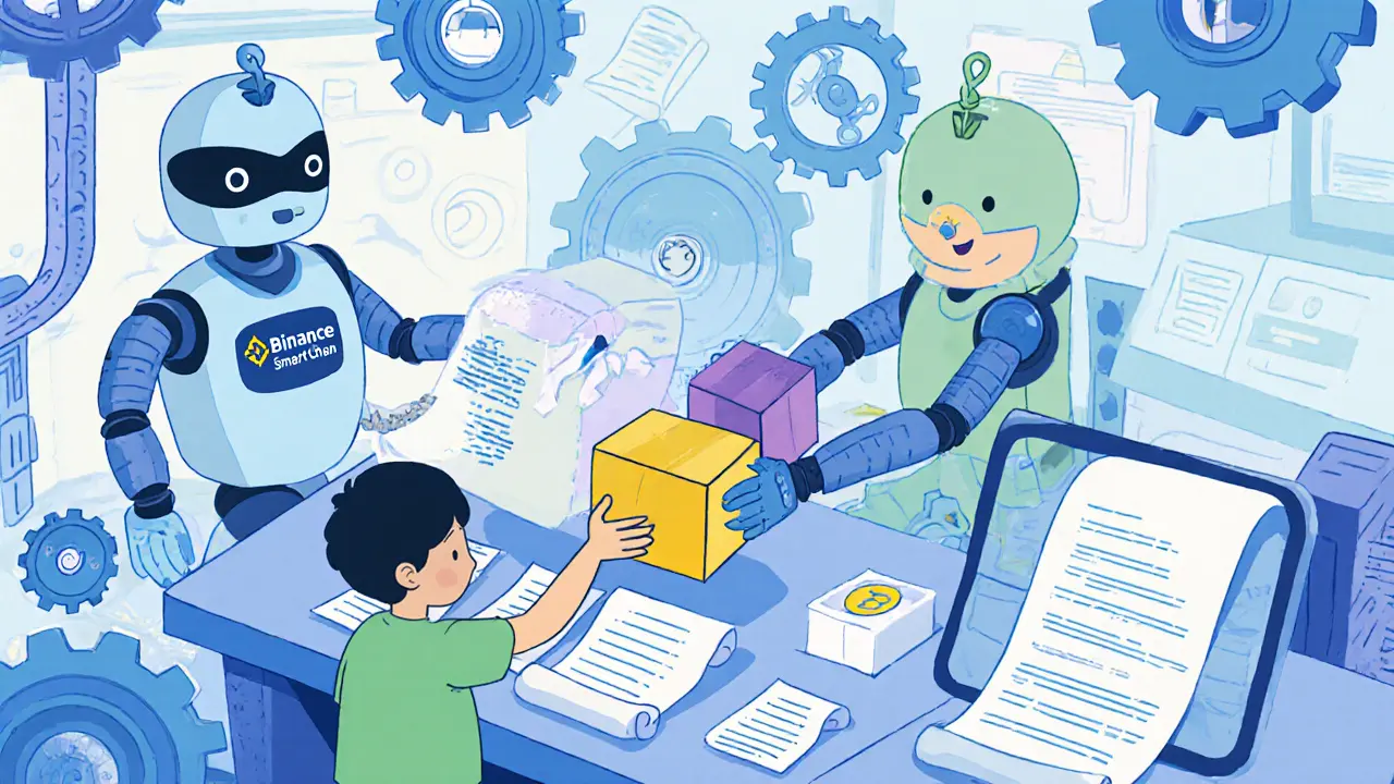 Laboratoire ludique d’ARCHE avec boîtes mystères et robots représentant Binance et CoinMarketCap.