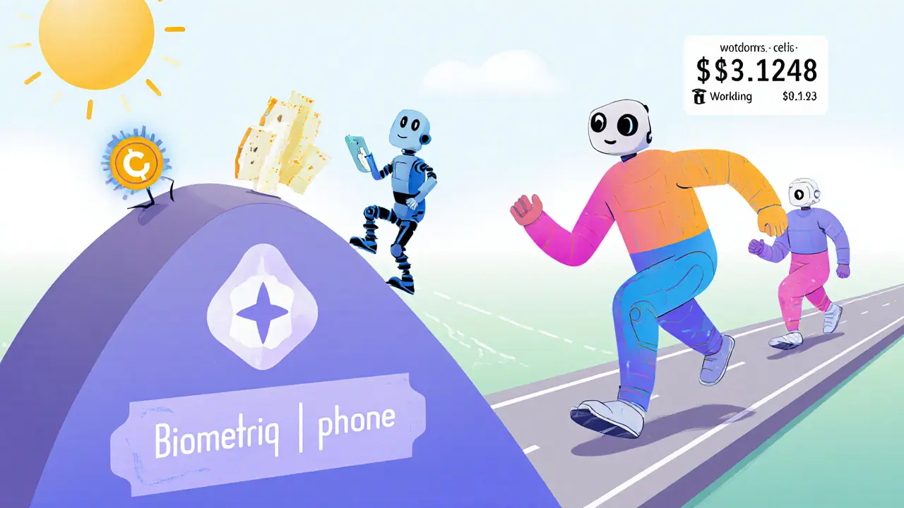Robot Humaniq grimpant une colline biométrique, tandis que Celo, Stellar et Worldcoin avancent facilement.