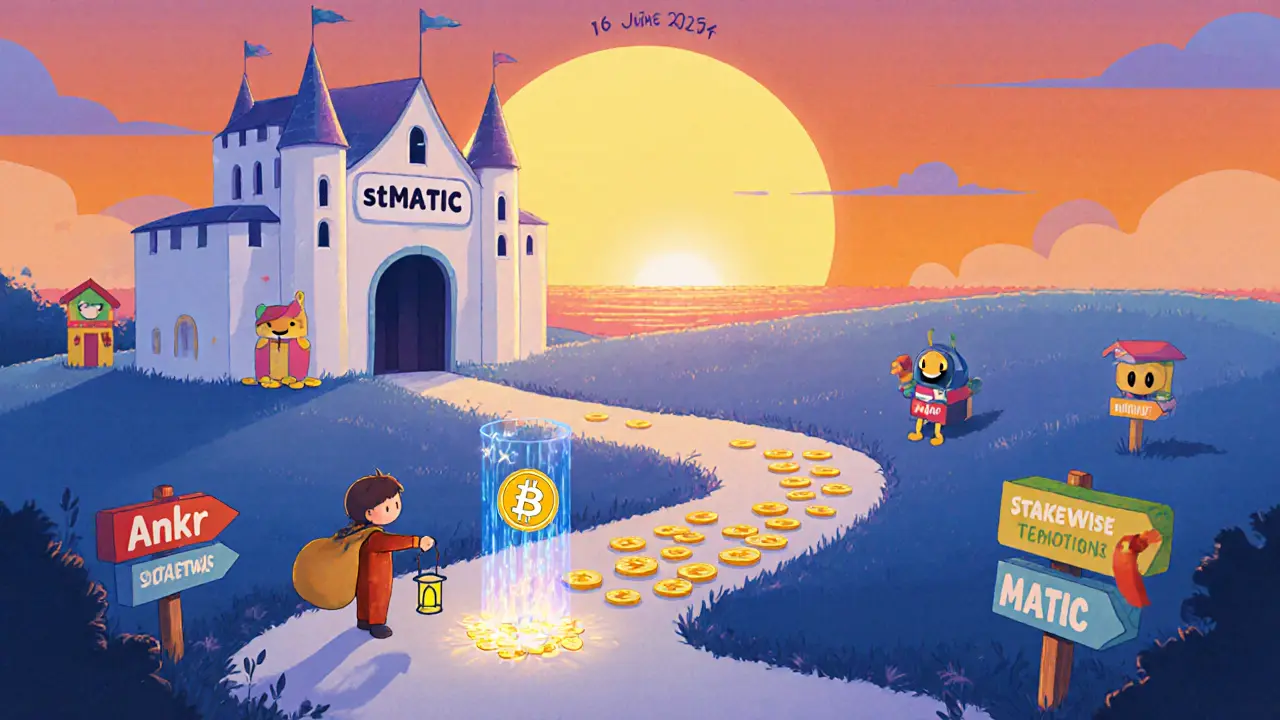 Coucher de soleil derrière le château Lido, enfant récupère MATIC, chemins vers Ankr, Stakewise et staking direct.