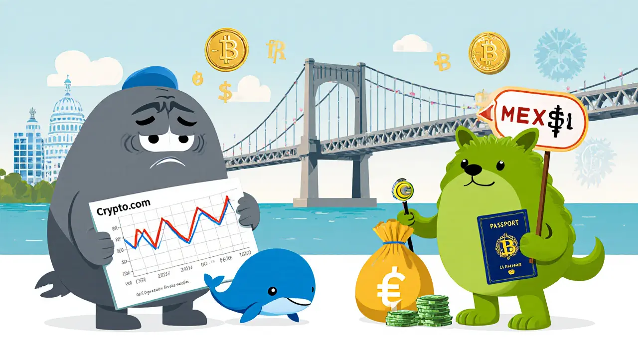 Crypto.com triste et MEXC heureux avec licences, stablecoins transportant de l'argent.