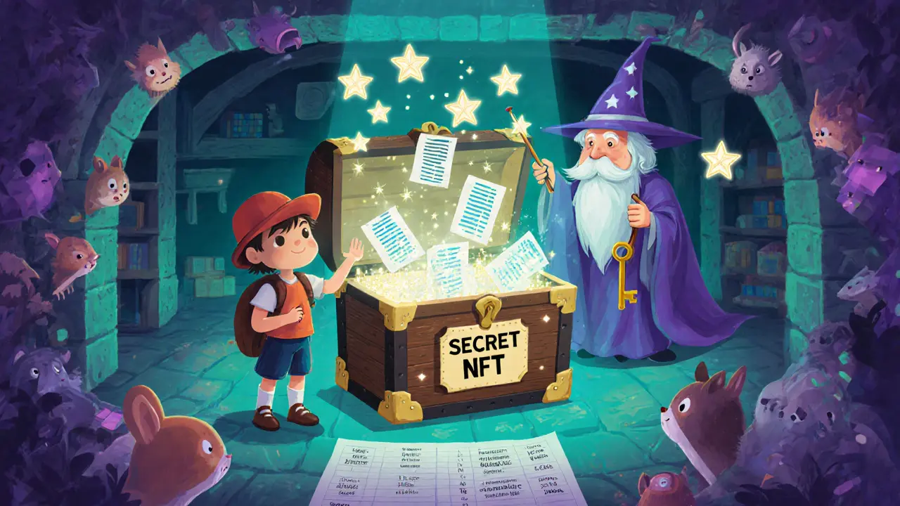 Enfant ouvrant un coffre Secret NFT avec une clé magique et étoiles ZK.