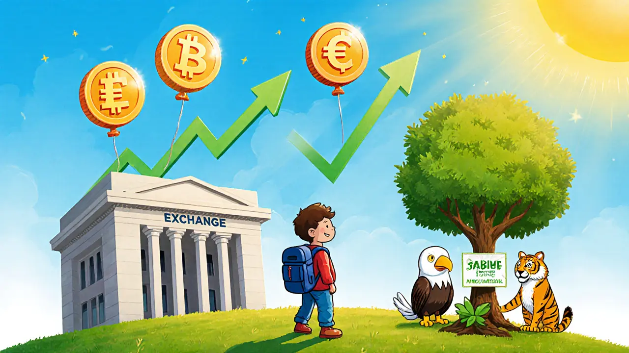Enfant trader observe des ballons stablecoins monter, régulateurs et volume en hausse.