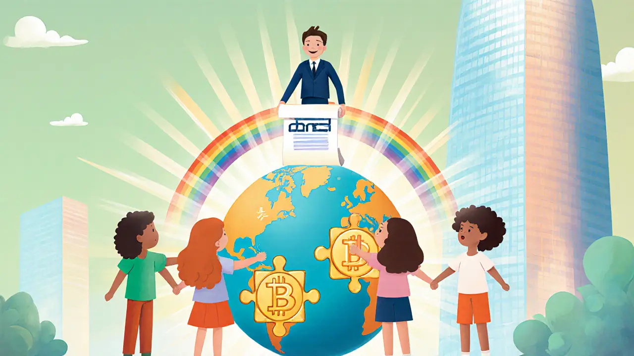 Enfants tenant la main autour d'un globe puzzle NFT sous un arc-en-ciel.