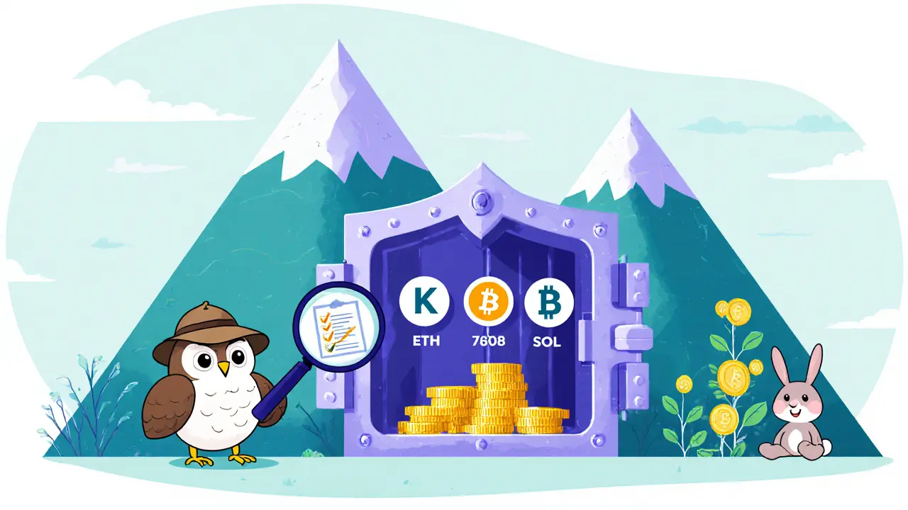 Scène de coffre-fort avec hibou auditant les réserves et lapin KYC, symbolisant la sécurité.