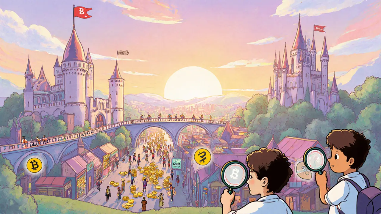 Ville DeFi futuriste avec châteaux Aave, EigenLayer et ponts Layer‑2, enfants observant.