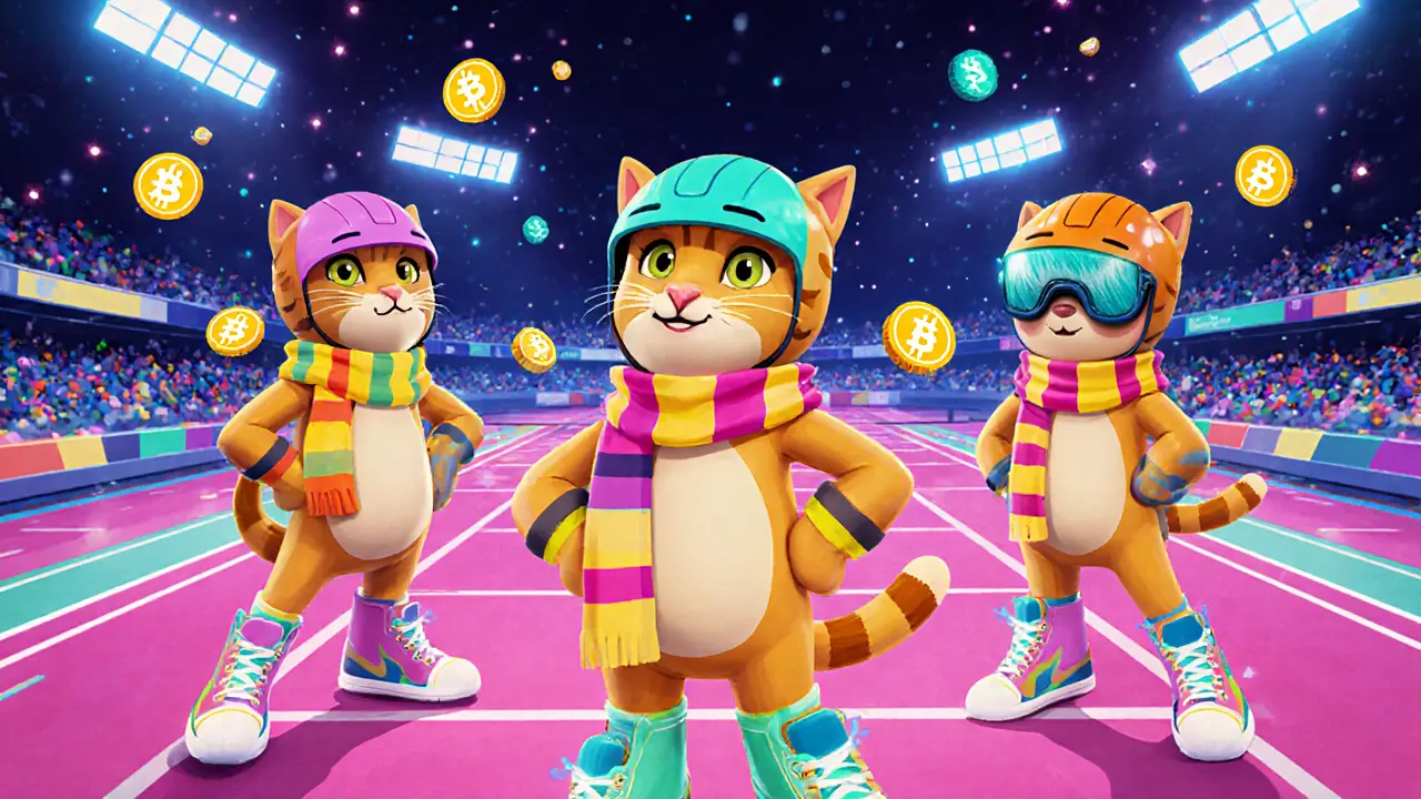 CAThletes mignons avec accessoires NFT colorés dans une arène de jeu animée.