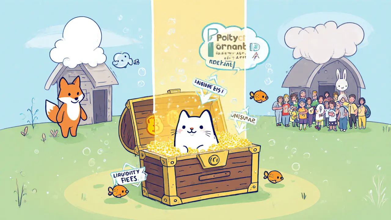 Coffre‑vault de Polycat avec poissons, flèches automatiques vers farms, et icônes Uniswap et PancakeSwap.