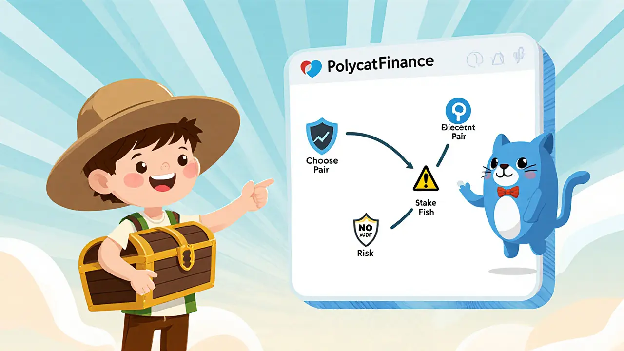 Enfant explorateur connectant un portefeuille à Polycat, suivi d'étapes de swap et de staking.