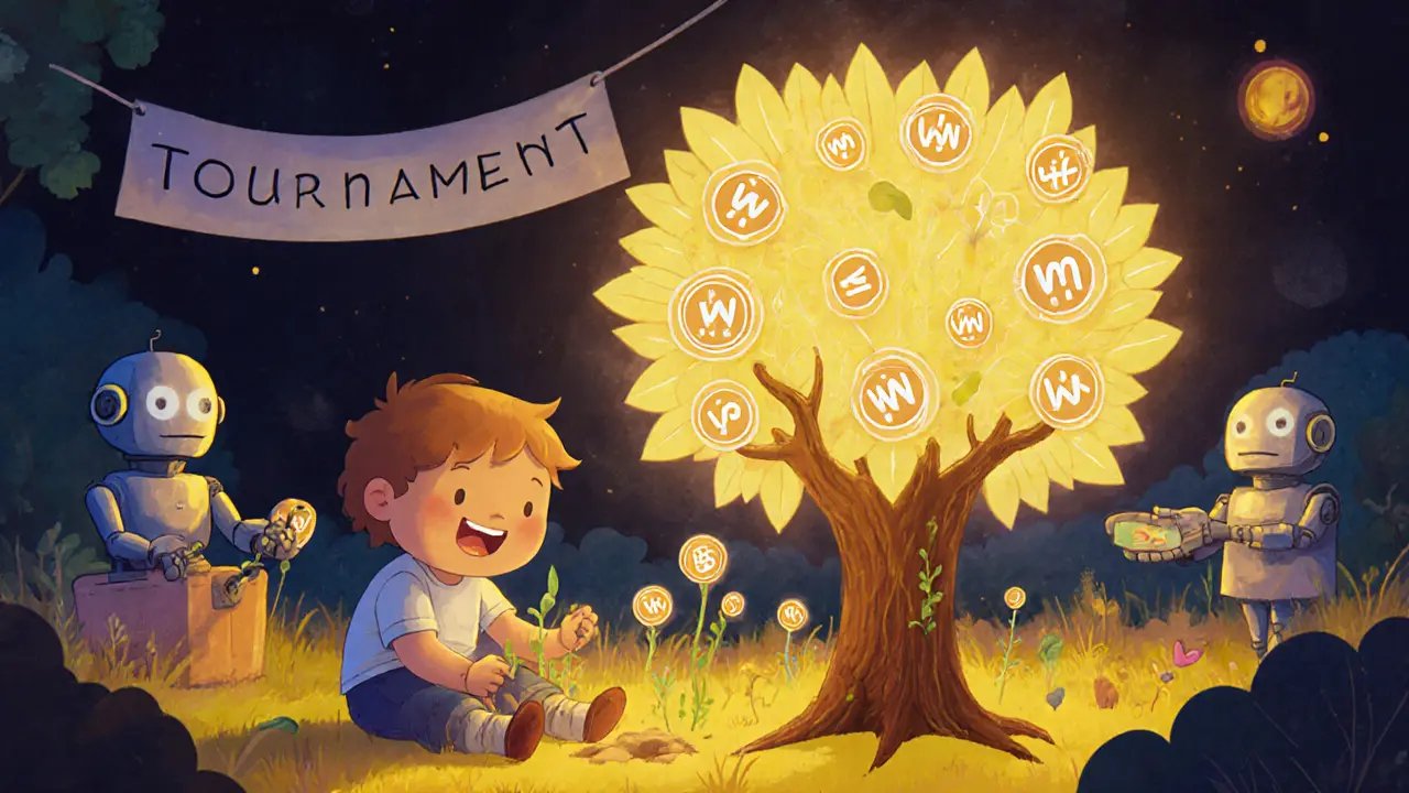Enfant plantant des symboles DeFi près d'un arbre de jetons WLKN lumineux.