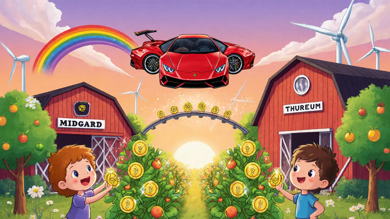 Enfants plantant des tokens Thoreum dans des fermes de staking, avec une Lamborghini suspendue au-dessus.
