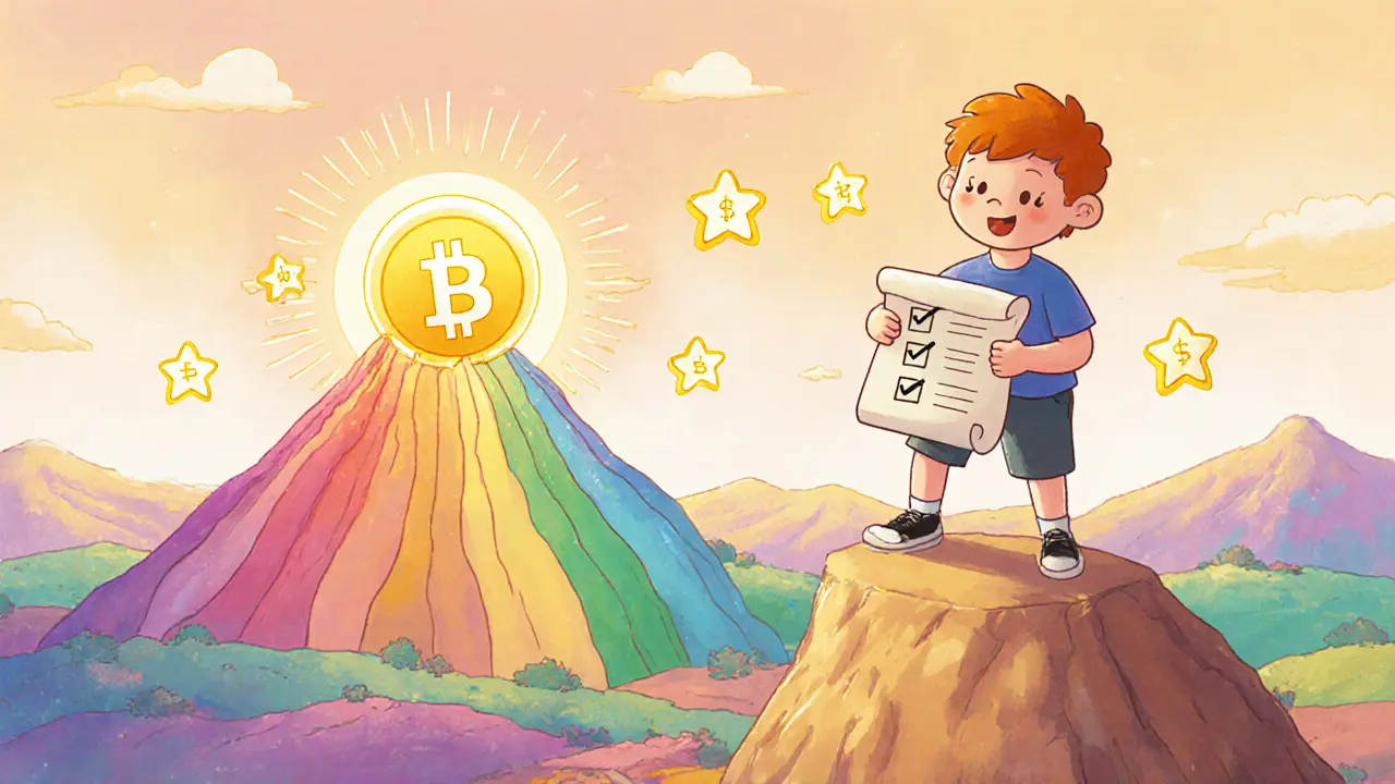 Jeune trader avec checklist, devant un arc-en-ciel de prix Bitcoin au crépuscule.