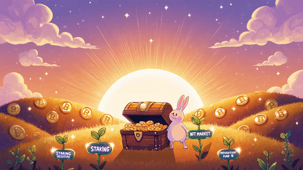 BunnyPark au lever du soleil, coffre rempli de tokens BP et plantes de croissance.