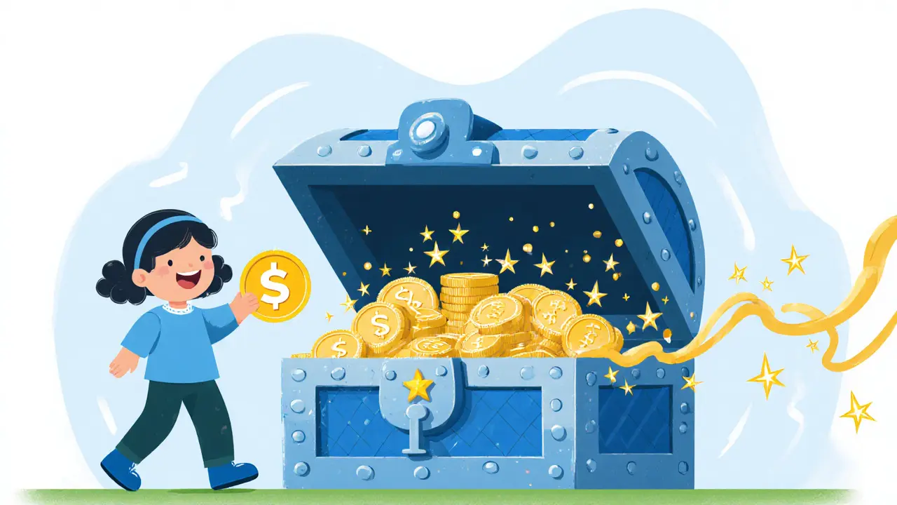 Child places XAI into a treasure‑chest vault while golden sparkles flow in as rewards.