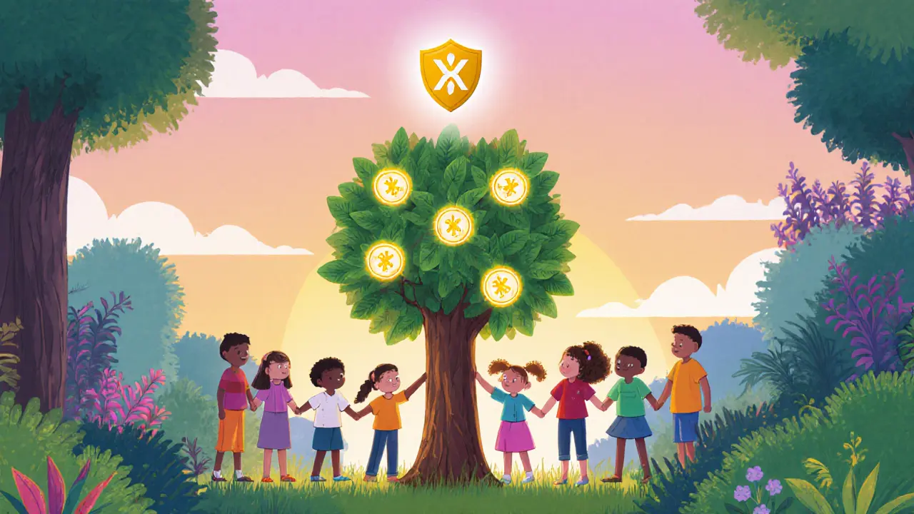 Children surround a growing tree of XAI leaves, symbolizing community and future growth.