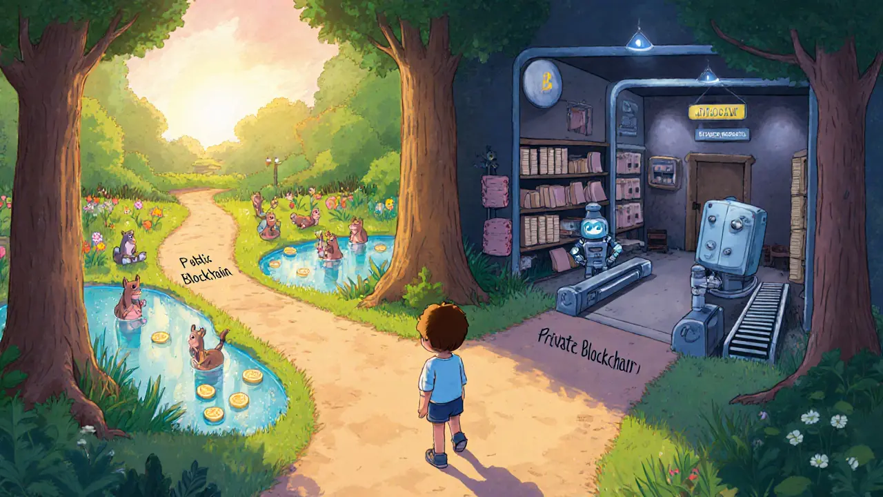 Enfant à la croisée des chemins choisissant entre un jardin public transparent et un atelier privé protecteur.