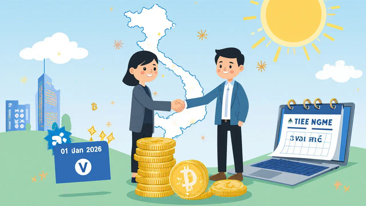Entrepreneur vietnamien et investisseur étranger se serrent la main devant une carte avec échanges crypto.
