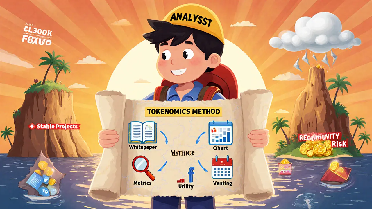 Explorateur suit une carte des étapes de l’analyse tokenomics, évitant les pièges.