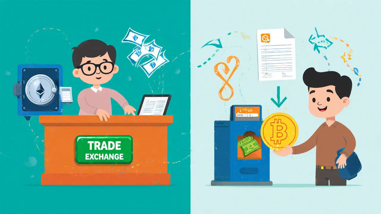 Scène divisée montrant le trading crypto converti en VND d'un côté, paiement d'une entreprise de l'autre.