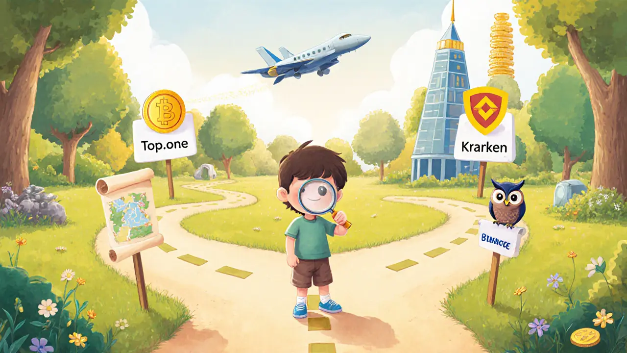 Enfant hésitant à choisir entre routes symbolisées par icônes de frais bas, sécurité élevée, style livre pour enfants.