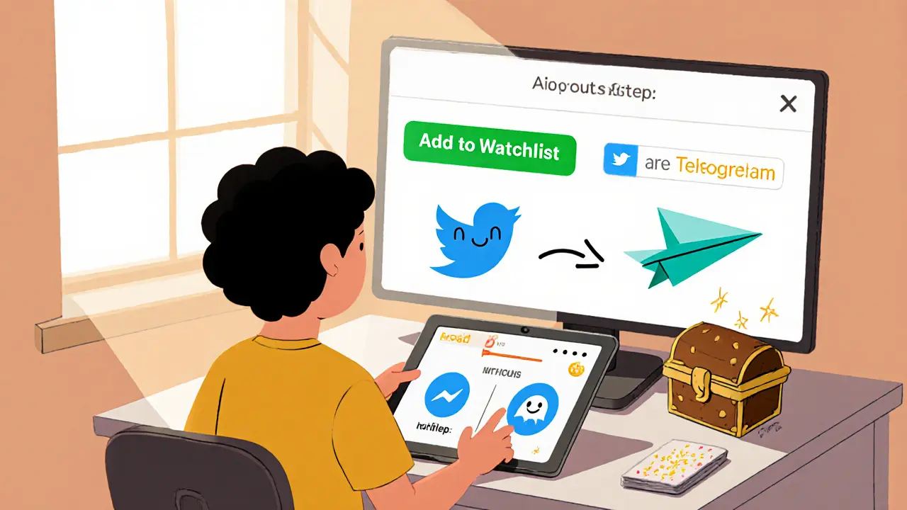 Enfant utilisant ordinateur pour ajouter GOAL à la watchlist, suivre Twitter et rejoindre Telegram, illustration cartoon.