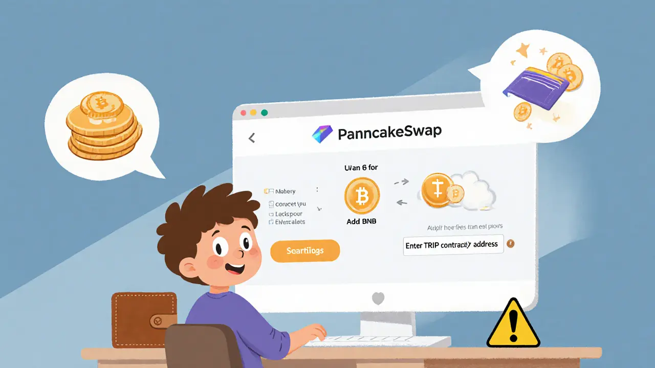 Enfant utilisant PancakeSwap pour échanger BNB contre TRIP sur un ordinateur cartoon.