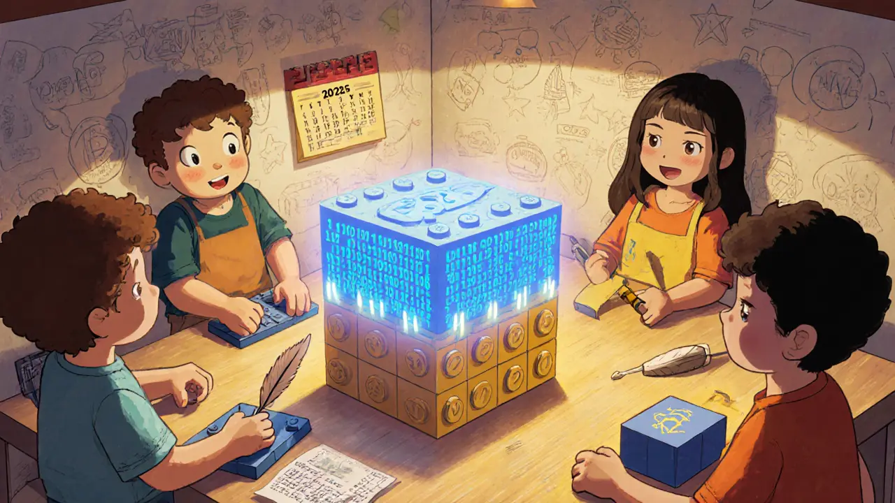 Enfants construisent un bloc Genesis en briques LEGO lumineuses dans un atelier créatif.