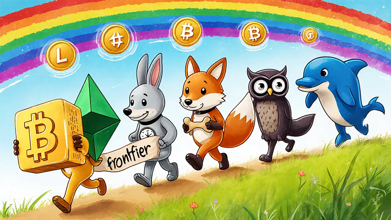 Parade colorée de mascottes représentant les blocs Genesis de Bitcoin, Ethereum, Litecoin, Doge, Monero et Ripple.