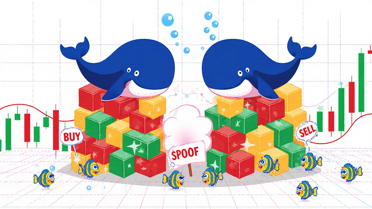 Whale construit des "buy wall" et "sell wall" sur un graphique cartoon, petits poissons paniquent.