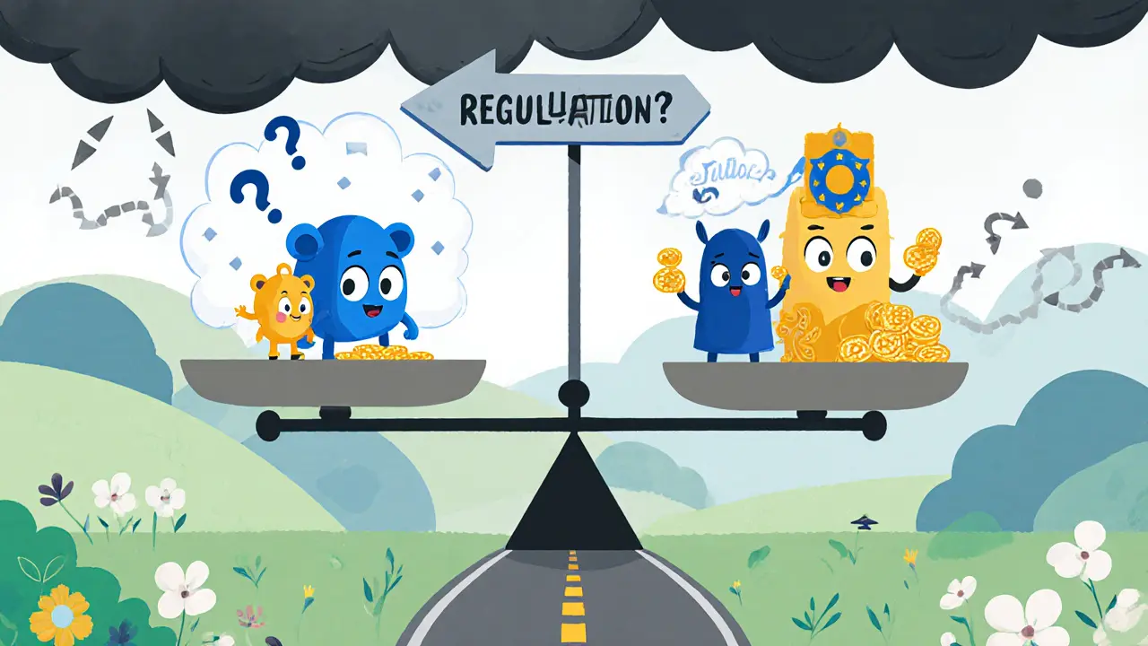 Balance avec mascotte Fidex d’un côté, gros mascottes d’échanges de l’autre, nuages de réglementation au-dessus.