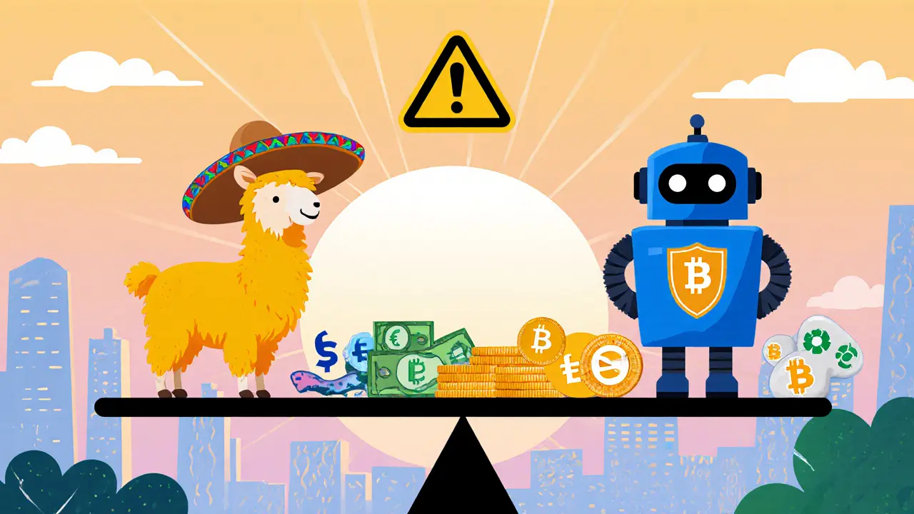 Comparaison dessinée entre Bitex.la (llama) et Bitstamp (robot) sur une balance avec avertissement.