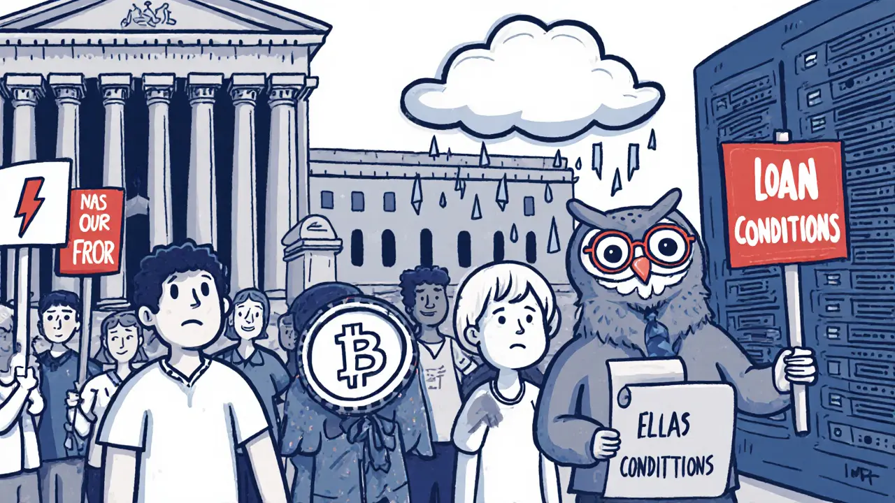 Manifestation avec un Bitcoin anxieux et un hibou du FMI devant la Cour suprême.