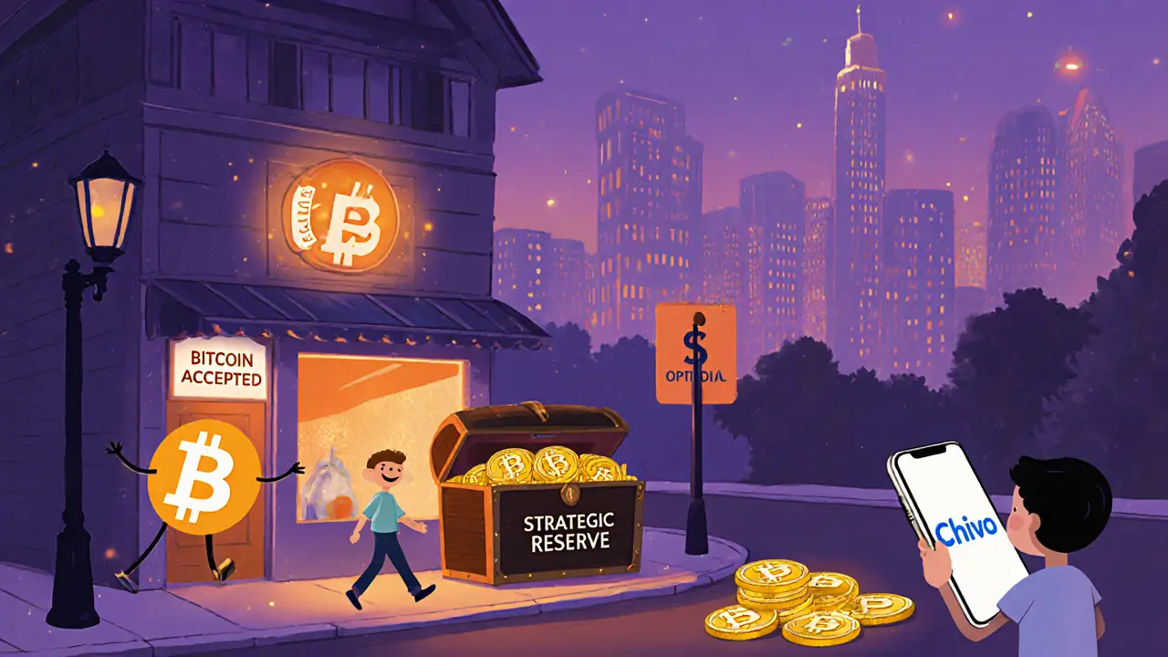 Rue de 2025 avec un magasin acceptant le Bitcoin et le coffre de réserve rempli de pièces.