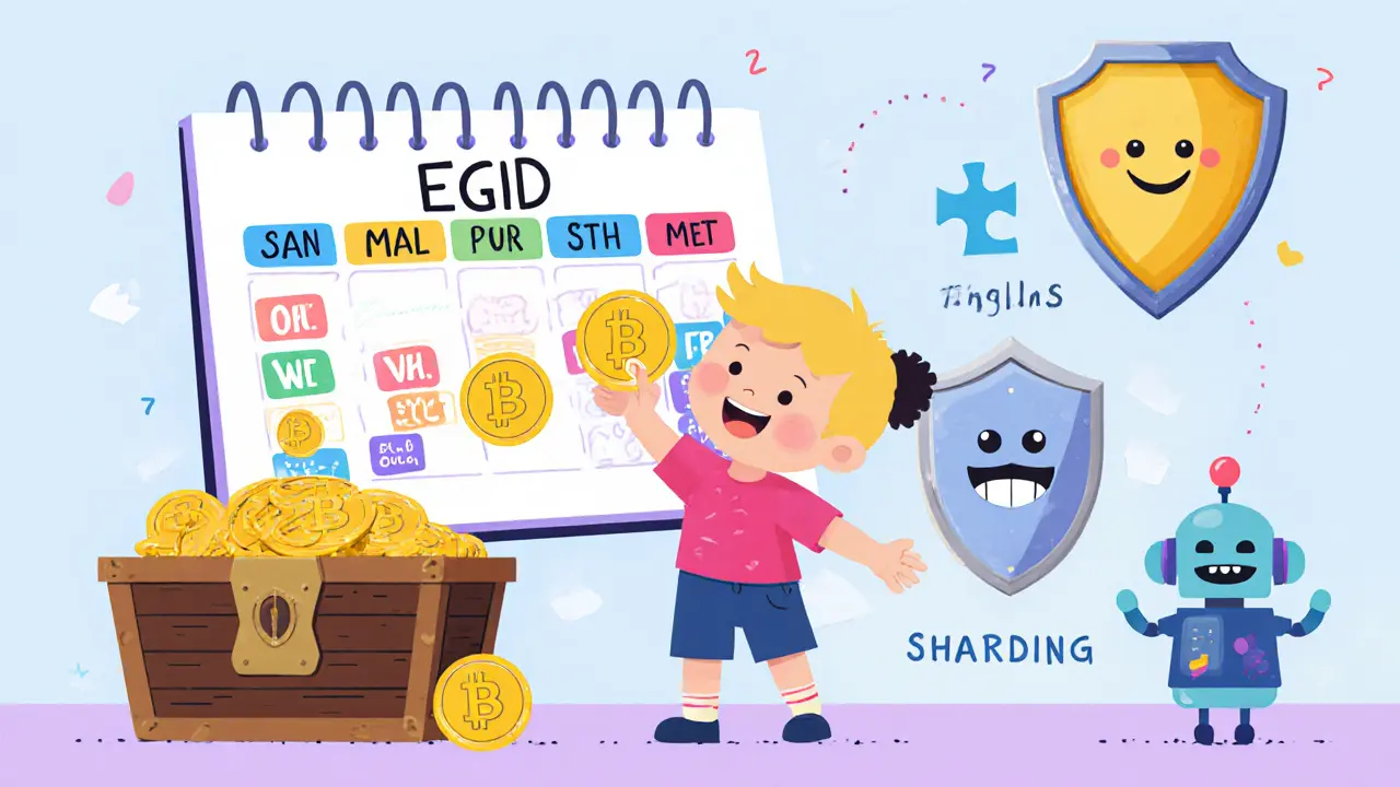 Calendrier mensuel montrant le vesting d’EGLD avec coffre et bouclier anti‑phishing.
