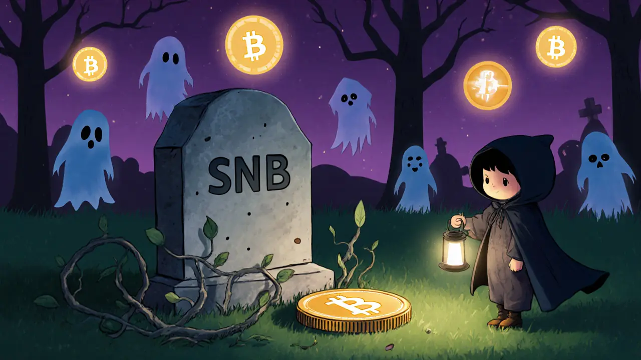 Cimetière de cryptomonnaies avec la pièce SNB sous une pierre tombale, éclairée par une lanterne.