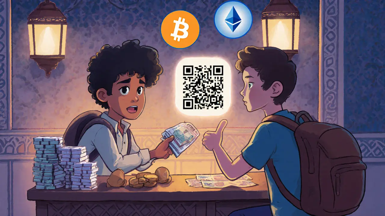 Échange secret de crypto contre argent liquide dans un café, illustré en style enfantin.